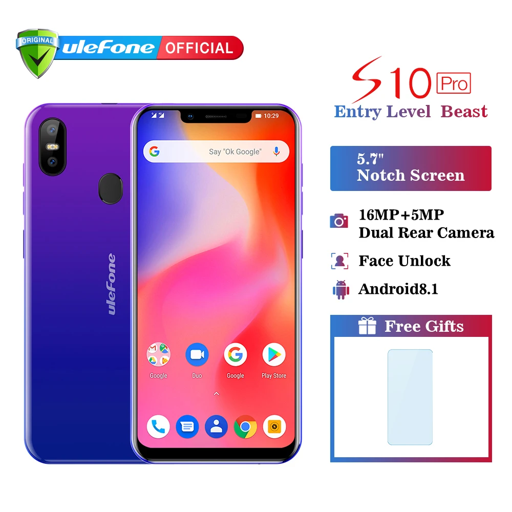 Ulefone S10 Pro Mobile Phone Android 8.1 5.7 inch 19:9 MT6739 Quad Core 2GB RAM 16GB ROM 13MP+5MP Face Unlock 4G Smartphone