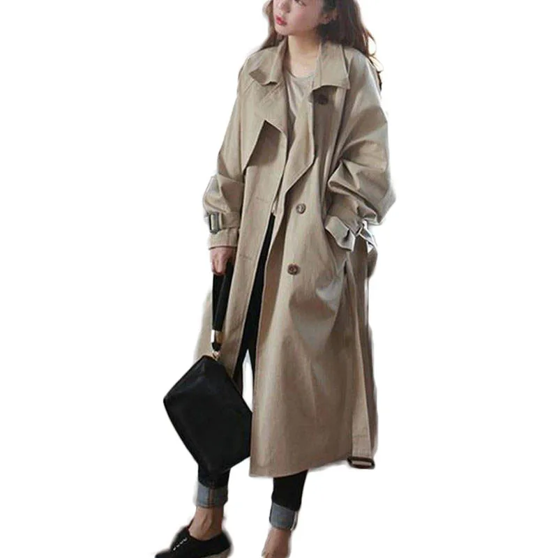 

2019 Spring Autumn New Korean Women's Casual Trench Coat Oversize Double Breasted Vintage Washed Outerwear Loose Clothing M151