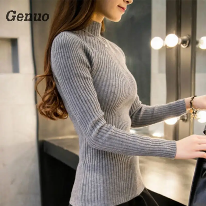 2018 Autumn Winter Women Sweaters Long Sleeve Slim Turtleneck Ribbed Knitted thin sweater top korean pullovers casual shirts