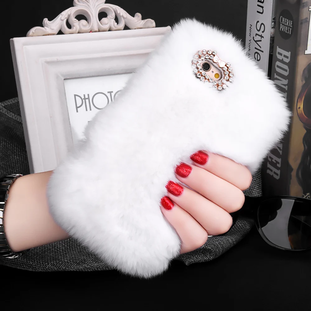 Luxury Rabbit Fur Case for iPhone XS Max Xr X 8 7 6 6S Plus SE 5S Cover Fashion Bling Diamond Winter Soft Furry Plush Phone Case puffer case Cases For iPhone