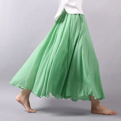 Новые хлопковые длинные льняные юбки, женские плиссированные юбки макси с эластичной талией, пляжные винтажные летние юбки для женщин 8SK0100 - Цвет: Зеленый