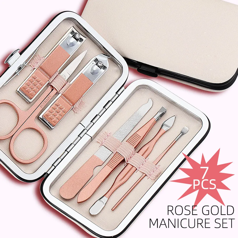 Розовое золото маникюрный набор отодвигатель кутикулы клипер ножницы пинцет Пикер нож для педикюра из нержавеющей стали инструменты для дизайна ногтей