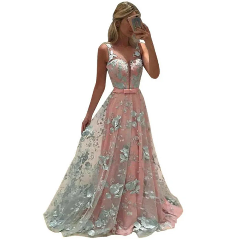 

Womens Lace Flower Dress Summer Chiffon Dress Formal Ball Gown Prom Bridesmaid Long Maxi Dresses Fashion Lady High Quality Dress