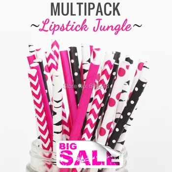 

125pcs Mixed Colors LIPSTICK JUNGLE Themed Paper Drinking Straws, Deep Pink Plain, Chevron, Polka Dot, Black Swiss Dot and Birch