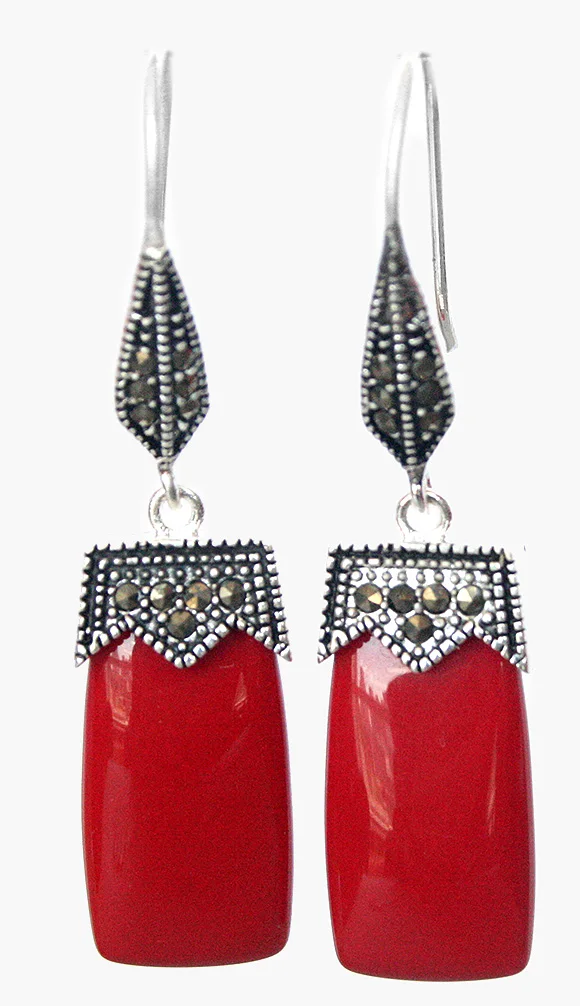 

free shipping NICE VINTAGE RED CORAL 925 SILVER & MARCASITE EARRINGS 2"