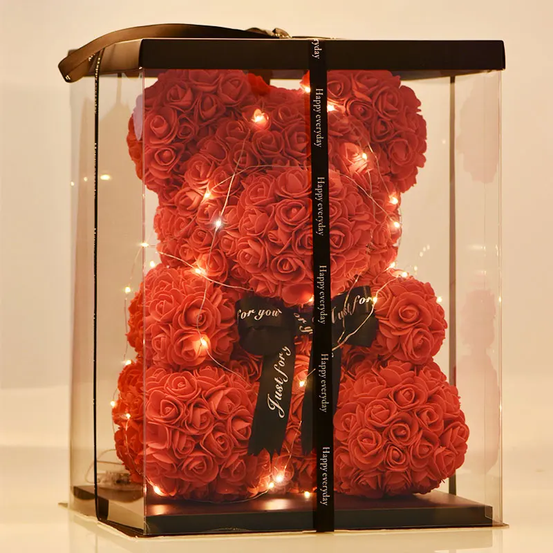 Креативный Красный Розовый Свадебный вечный цветок с розовым медведем 40 см, украшение из ленты, подарок на день Святого Валентина, год - Цвет: red LED with box