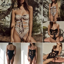 Большой размер купальники женские бандо с высоким вырезом, бикини комплект нижнего белья выдалбливают пуш-ап купальник секси галстук вверх купальный костюм Монокини
