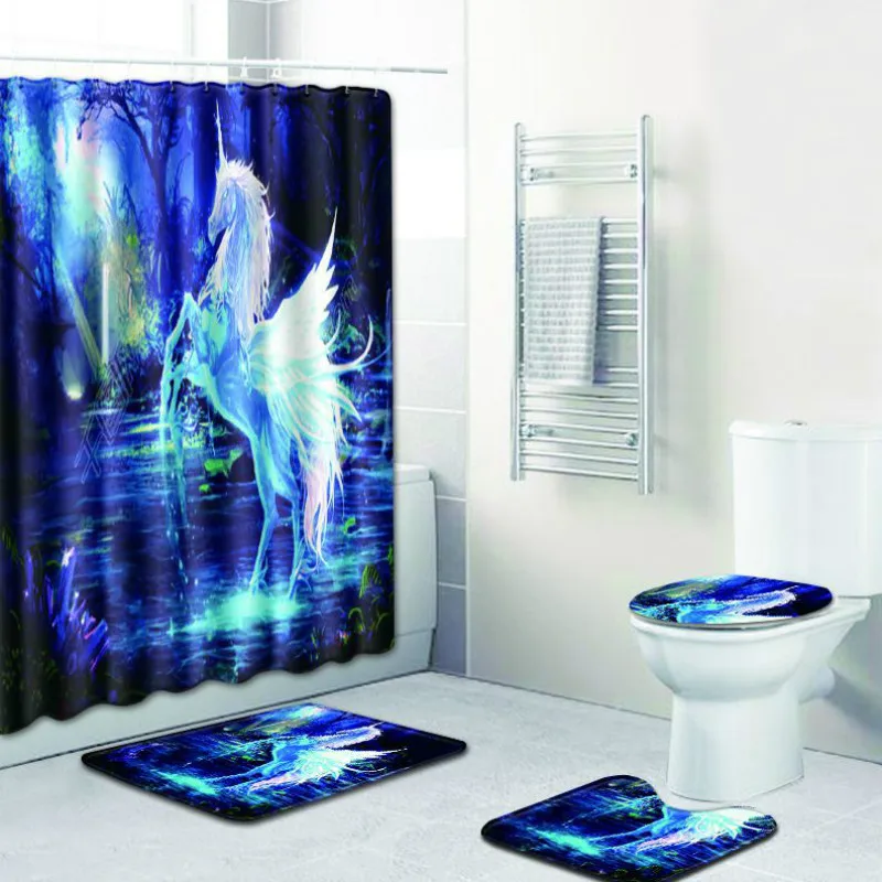Four piece Unicorn 4pcs Set Girl Bathroom Shower Curtain and Toilet Seat Covers and Carpet in