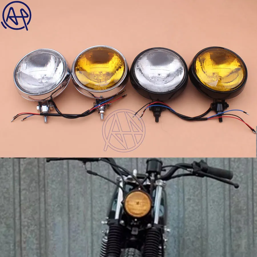 Motorcycle Black/Chrome Old School Vintage Metal Retro Front Hi-Lo H4 Headlight Clear/Amber Lens For Harley Chopper Honda Yamaha |
