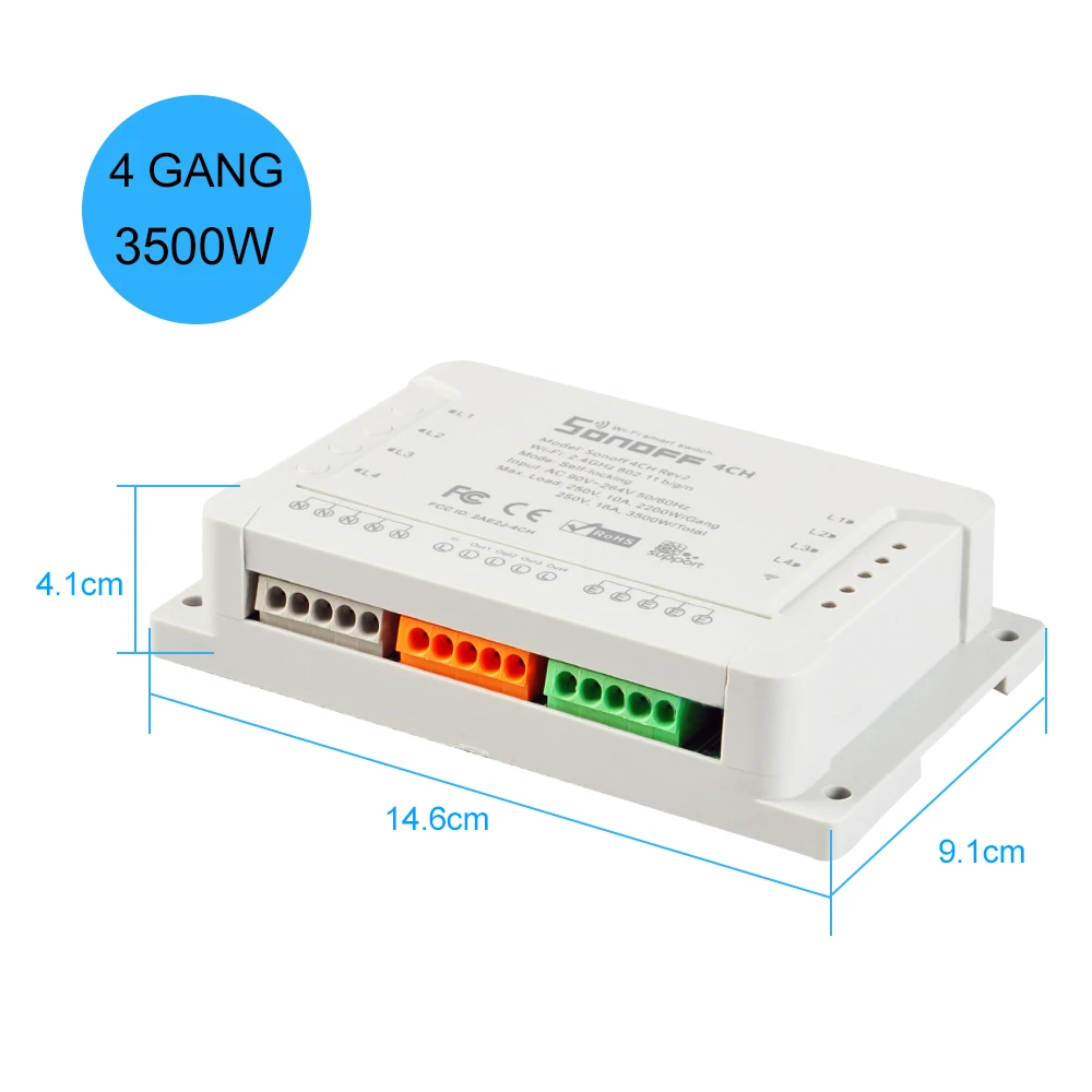 Sonoff 4CH Pro R2 10А/банда 4 канала Wifi смарт-коммутатор 433 МГц РЧ-пульт Wifi освещение переключатель поддерживает 4 устройства для Alexa Google