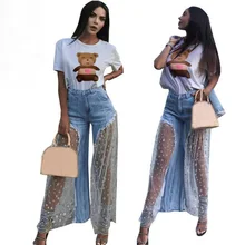 Cultiseed женские европейские Новые Индивидуальные сетчатые джинсы из денима в стиле пэчворк брюки женские сексуальные перспективные Звездные сетчатые длинные брюки