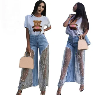 

Cultiseed Women European New Personality Mesh Patchwork Denim Jeans Pant Trousers Female Sexy Perspective Star Mesh Long Pants