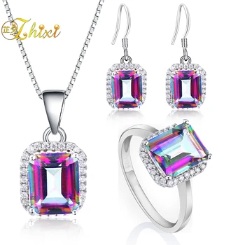 

ZHIXI 925 Sterling Silver Jewelry Fine Jewelry Set Gem Stone Rainbow Mystic Topaz Necklace Pendant Ring Earrings Wedding E237