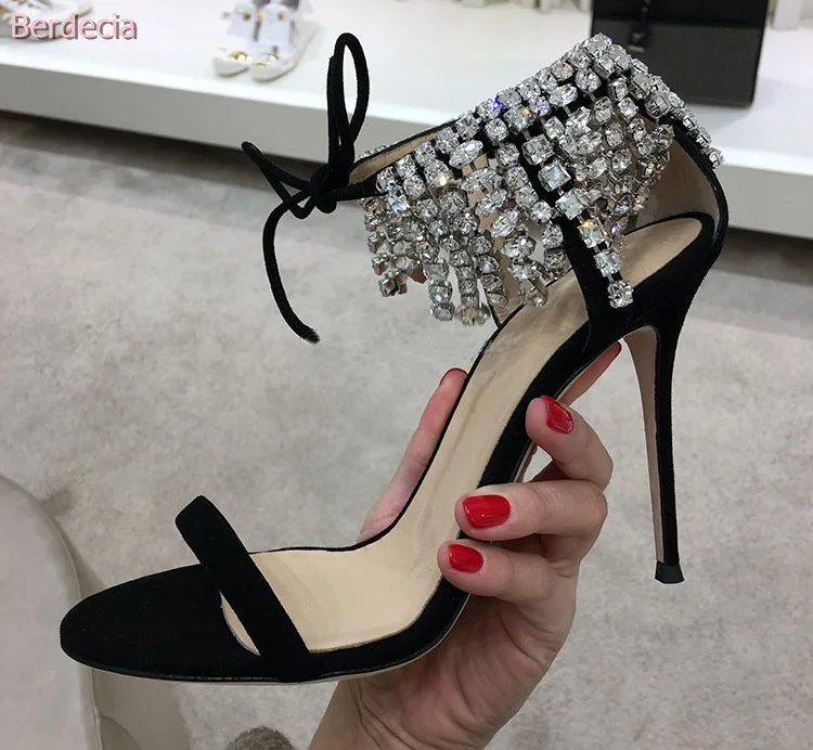Berdecia 2017 Women Newest Shinny Crystal String Bead High Heels Sandals Ankle Lace-up Sexy Party Dress Thin Heels Real Photos