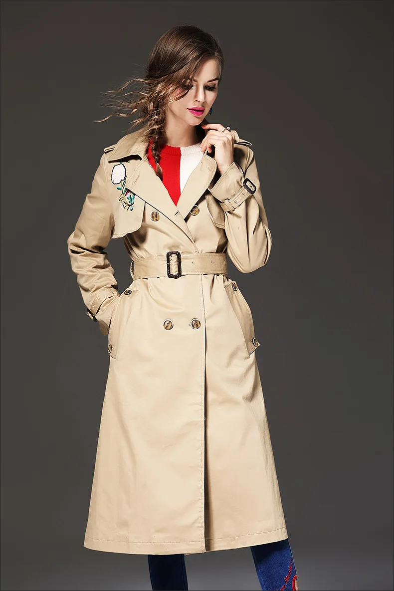 trench coat women outerwear & coats Autumn sash pocket Floral ...