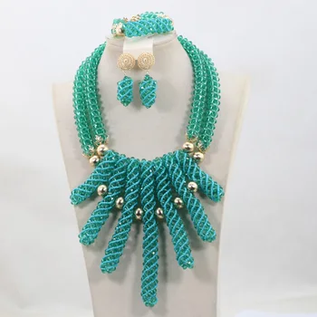 

Fashion Teal Green Crystal Sets New Design Nigerian African Wedding Bridal/Women Beads Necklace Jewelry Set Free Shipping ANJ291