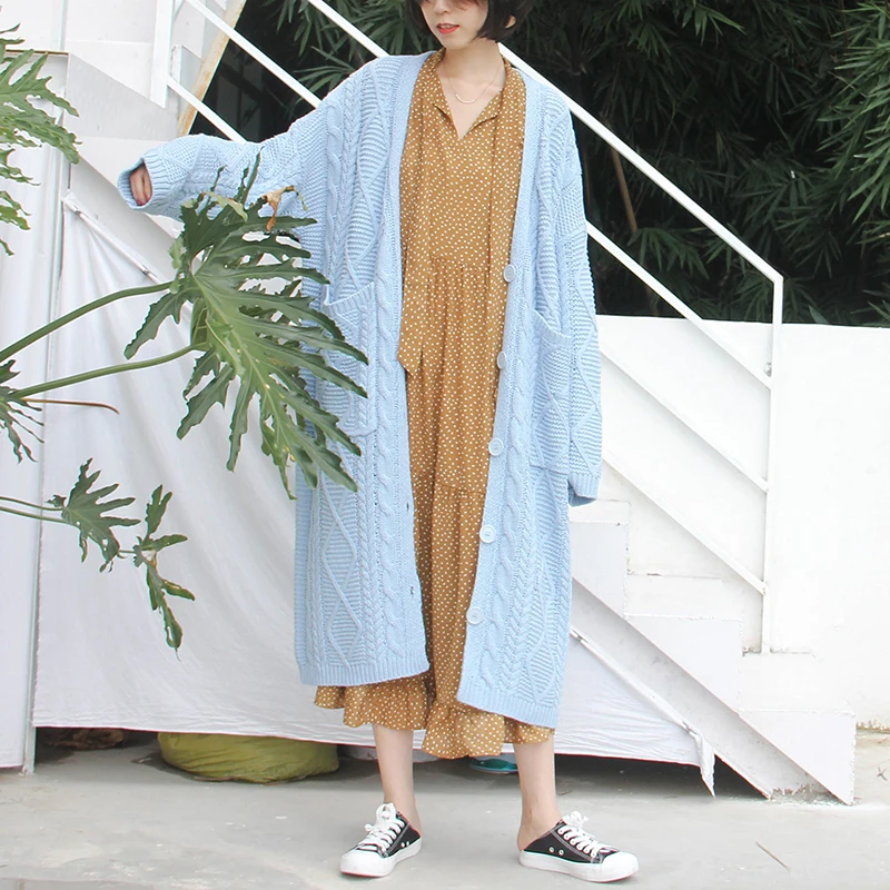 

[EAM] 2019 New Spring V-Neck Long Sleeve Knitting Pockets Loose Big Size Long Temperament Open Stitch Women Fashion Tide JY009