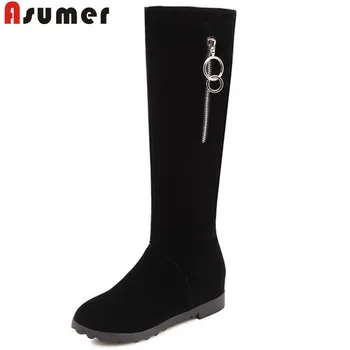 

ASUMER black fashion autumn winter boots women round toe zip flock knee high boots height increasing ladies prom boots