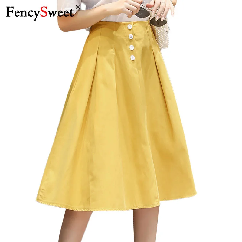 Fencysweet Высокая талия миди юбка женская плиссированная Однобортный пуговицы