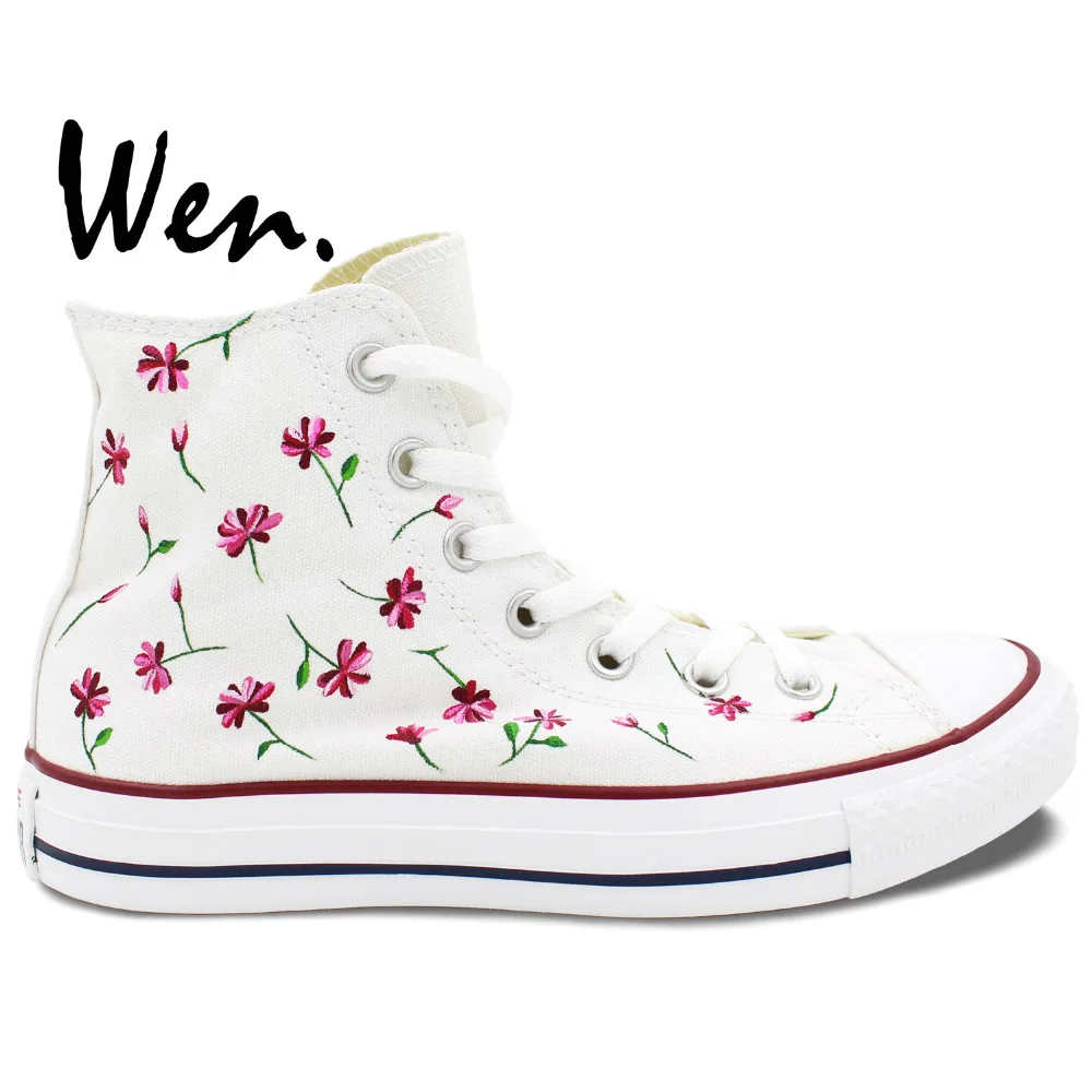 Вэнь белая ручная роспись обувь дизайн на заказ розовый цветочный цветок женские высокие холщовые кроссовки для дня рождения подарки