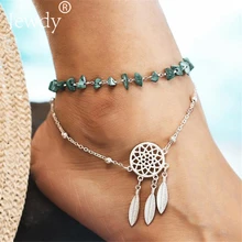 2 шт набор ножных браслетов в богемном стиле с Ловец снов для женщин, винтажный браслет ручной работы с зеленым камнем, браслет на ногу, Пляжное украшение для океана