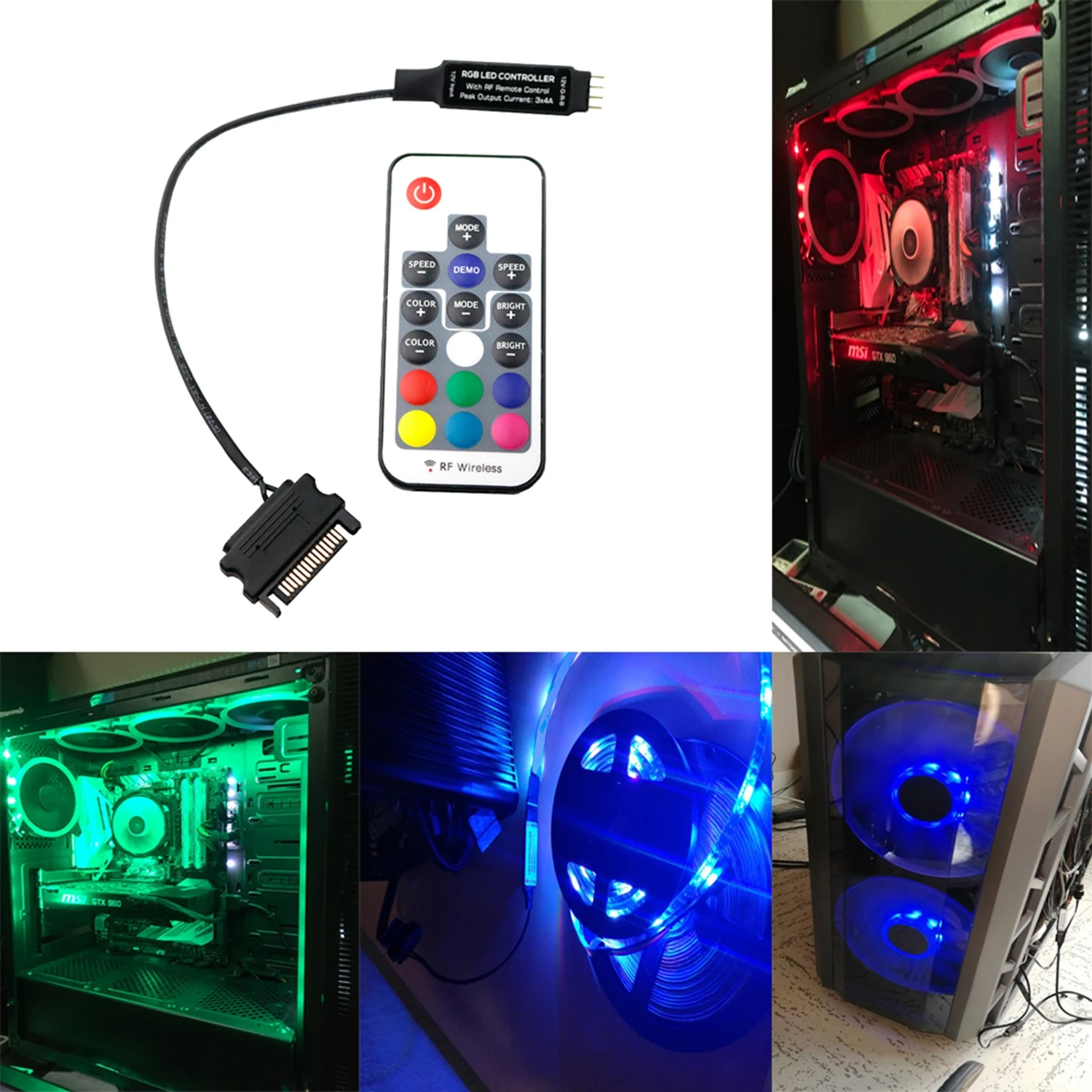 SATA RGB РФ удаленного контроллера Беспроводной контроллер DC12V 3 * 4A Sata для ПК компьютер выход Джек 5050 RGB Светодиодные ленты освещение ленты JQ