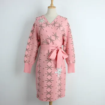 

Runway 2018 Spring Women's Mid Long Dress Knitted Sexy Hollow Out V-neck Feminine Belt Party Printed Dresses Beading Diamonds