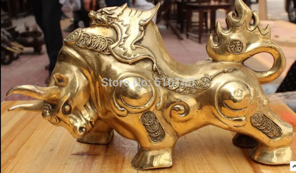 

15" Chinese Bronze Wealth Money Dragon Stronger Bull Oxen Ox Animal Sculpture