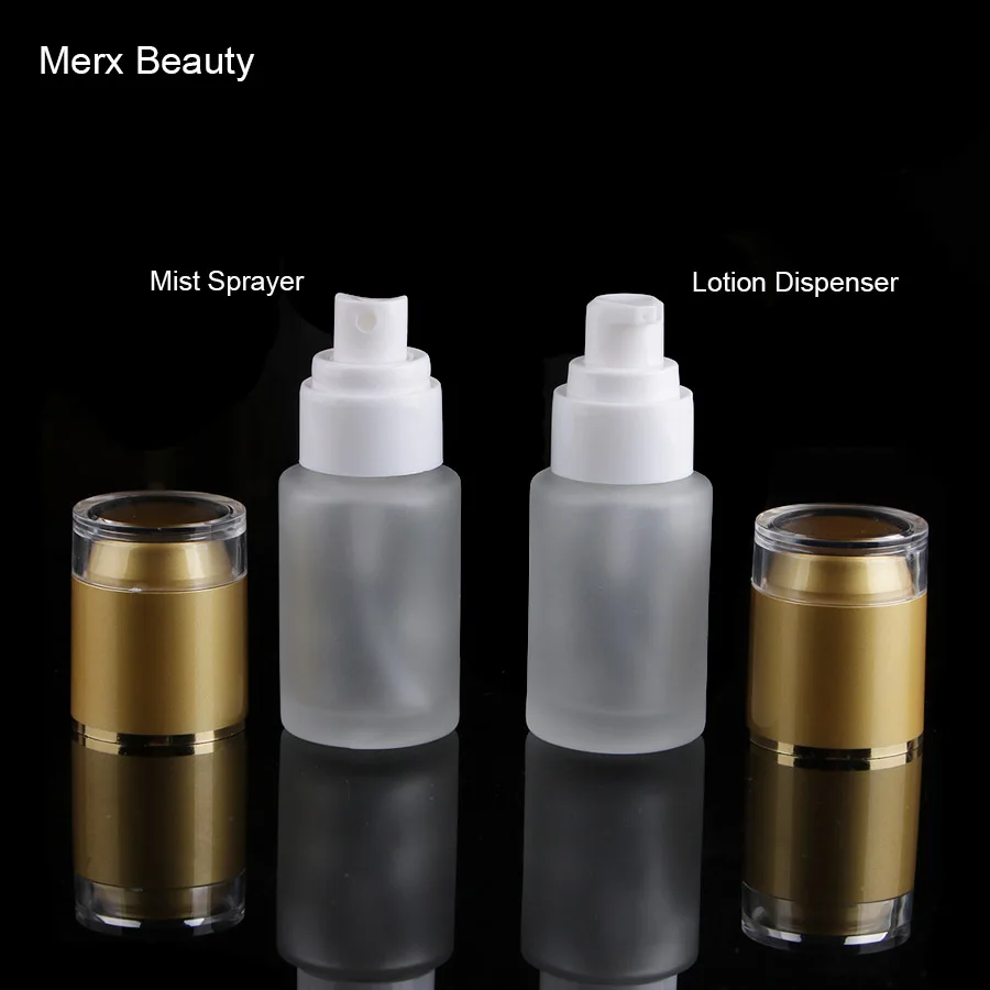 30ML Frosted Glass Lotion Cosmetic Dispenser Pump Bottle Gold Lid 50pcs