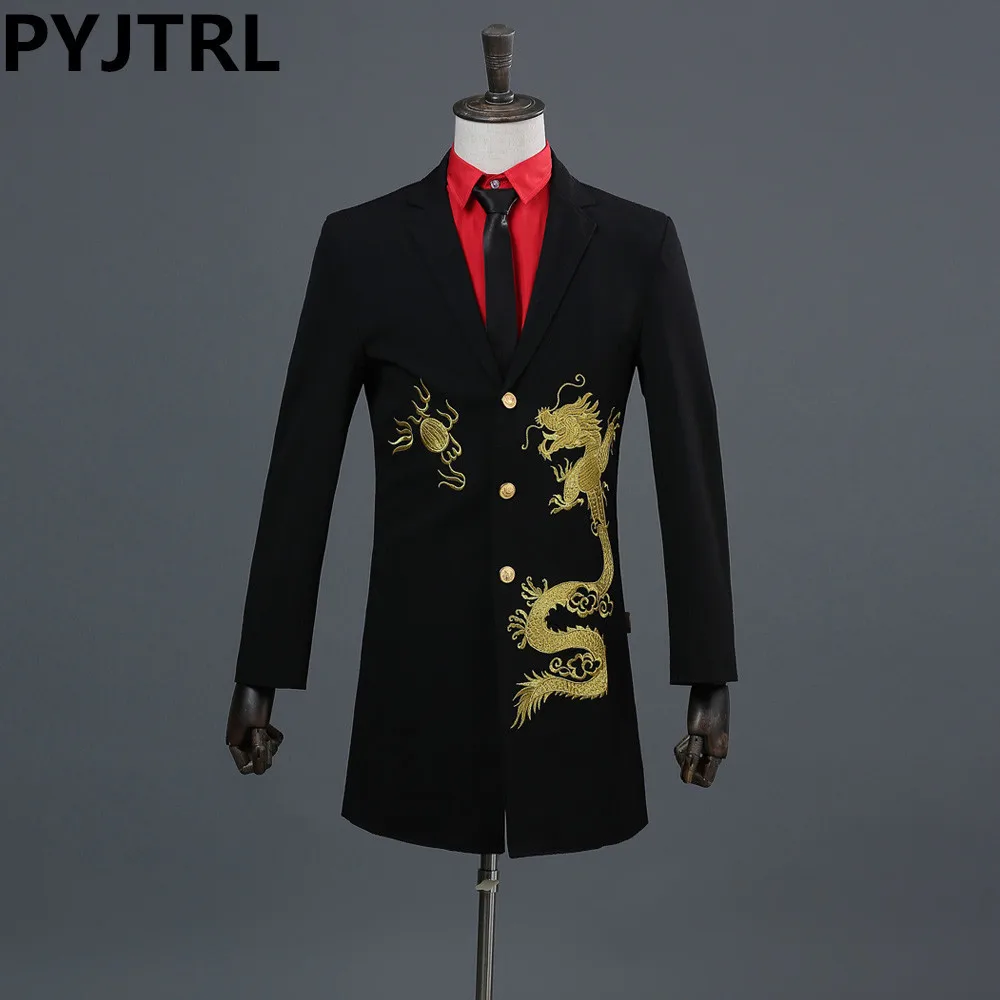 PYJTRL Men Long Setion Gold Dragon Embroidery Suit Jacket Night Club ...