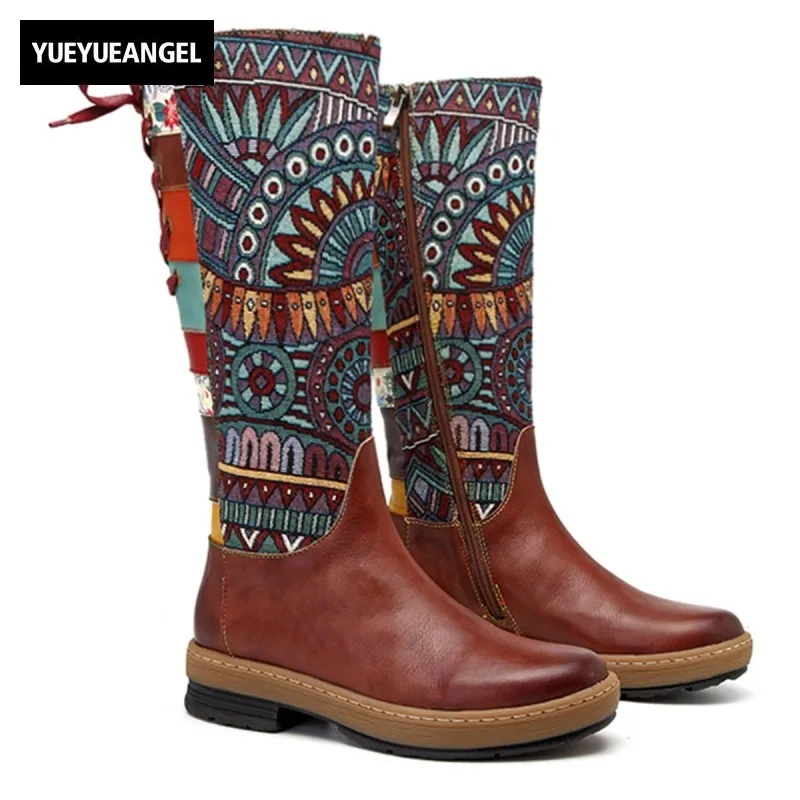 

Genuine Leather Mid-Calf Boots Women Shoes Bohemian Vintage Motorcycle Boots Plus Size Hand-Painted Side Zip Back Lace Up Botas