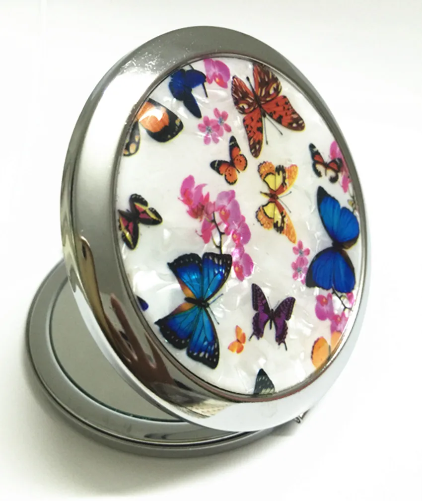 Красивое увеличительное металлическое портативное зеркало для макияжа, модное женское портативное мини-зеркала с изображением цветов и бабочек, подарок для девочки