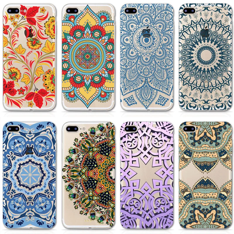 

The Case For iPhone 7 6 6S 5 5S SE 7Plus 6Plus 6sPlus Colorful Floral Paisley Flower Mandala Henna Clear Silicone Soft Cover
