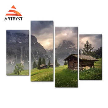 

4panel art wall mountain house tree fog landscape canvas painting HD printed on the canvas modern home decor for the living room