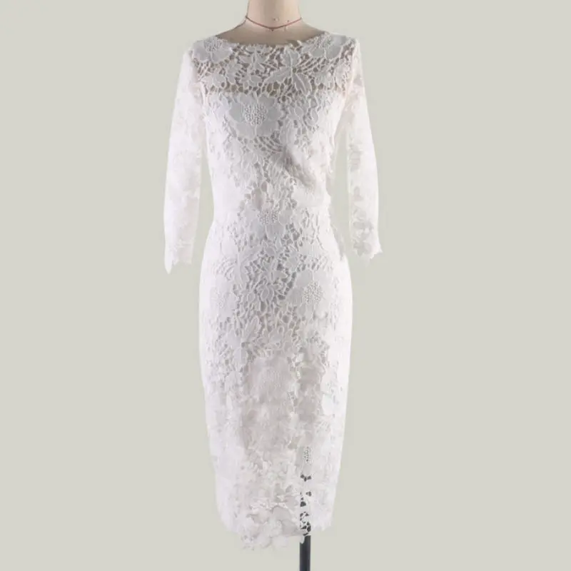 Белое кружевное платье с круглым вырезом на молнии, тонкое облегающее платье, летнее элегантное женское платье-карандаш
