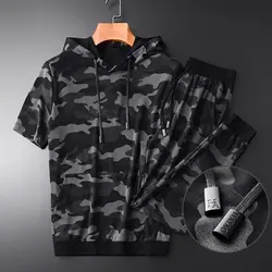 Minglu/мужские комплекты с капюшоном (футболка + брюки), роскошные камуфляжные мужские комплекты с коротким рукавом, большие размеры 4xl, летние