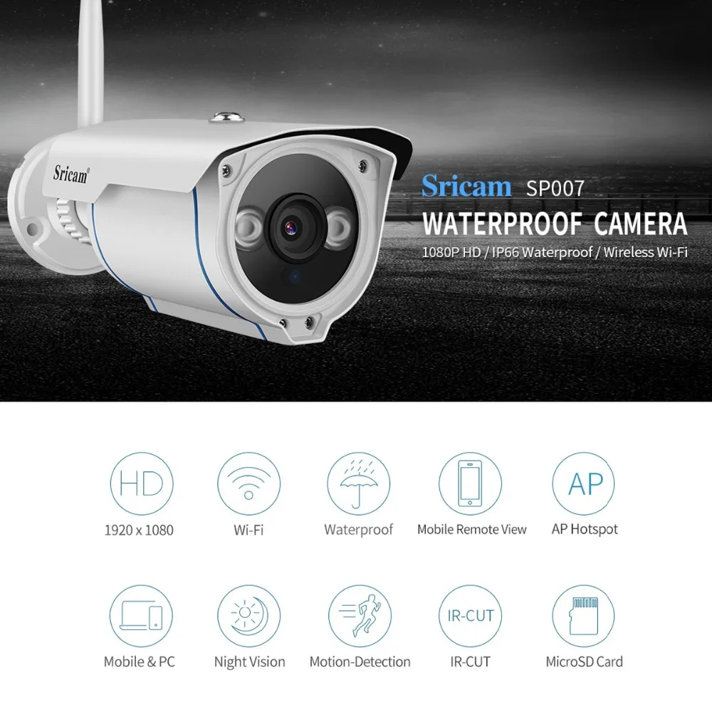 

Sricam SP007 Security Wifi Camera 3.6mm Exterieur 2.0MP 4x Zoom Onvif Outdoor Wireless CCTV IP Camera Infrared AP Hotspot TF