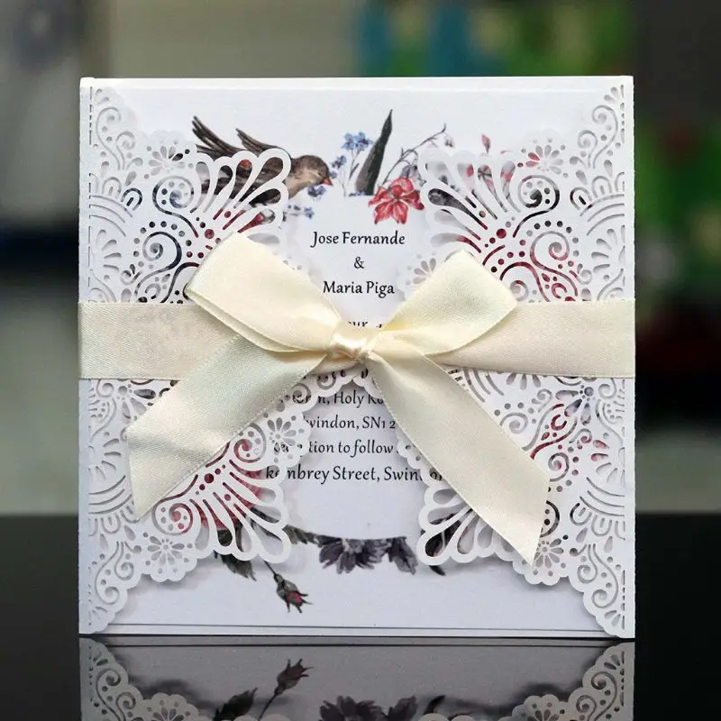  10pcs/set Laser Cut Hollow Invitations Cards Cover Kits With Bow Ribbon For Wedding Bridal Shower B - 33048878176