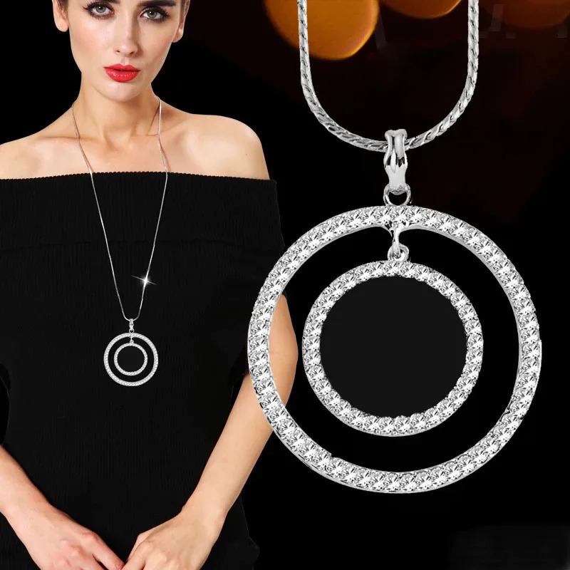 

SINLEERY Big Hollow Circle Round Pendant Necklace Micro Paved Rhinestone Silver Color Long Snake Chain Jewelry For Women My415