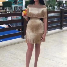 Высококачественное Золотое черное облегающее платье с коротким рукавом и кисточками для клубной вечеринки