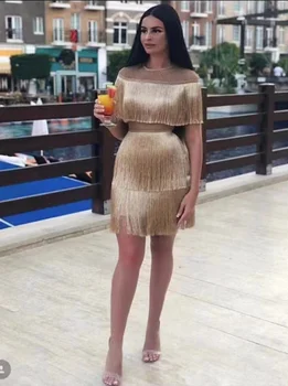 

High Quality Gold Black Short Sleeve Tassel Bodycon Dress Club Party Bodycon Dress