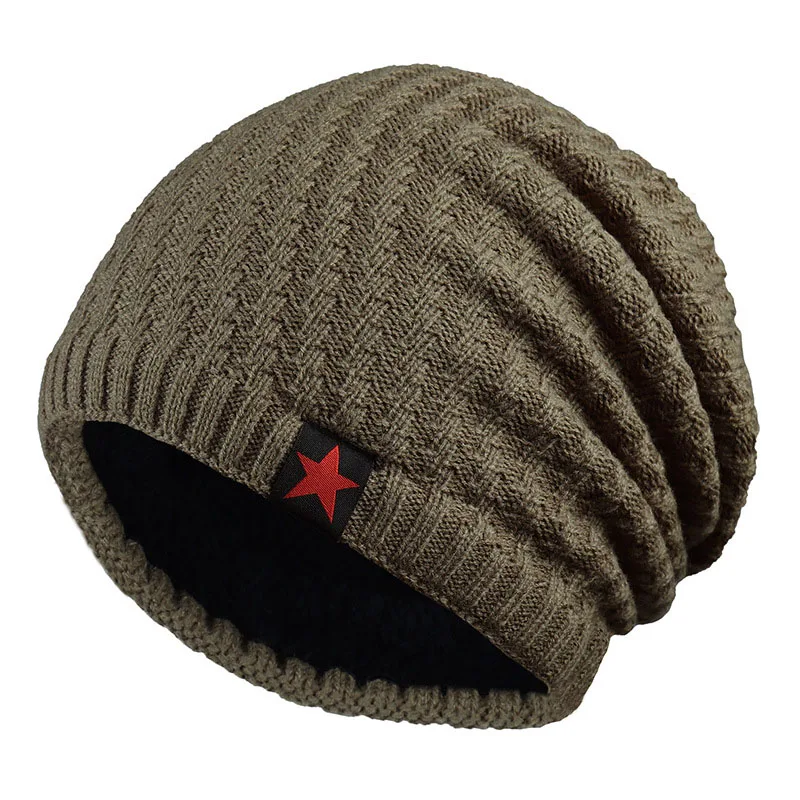 Men Skullies Beanies Knitted Hat Winter Plus velvet thickening Hats Plain Warm Male Gorros ski Bonnet outdoor Solid color Z59 - Цвет: Khaki