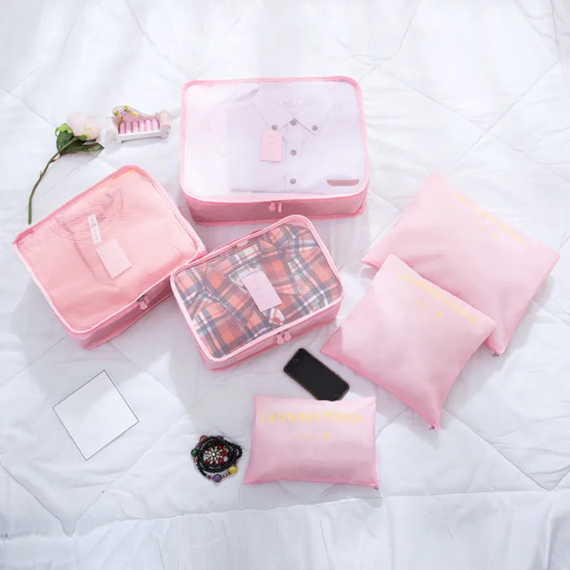 Fashion Double Zipper Waterproof Polyester Men And Women Luggage Travel Bags Packing Cubes 6pcs/set