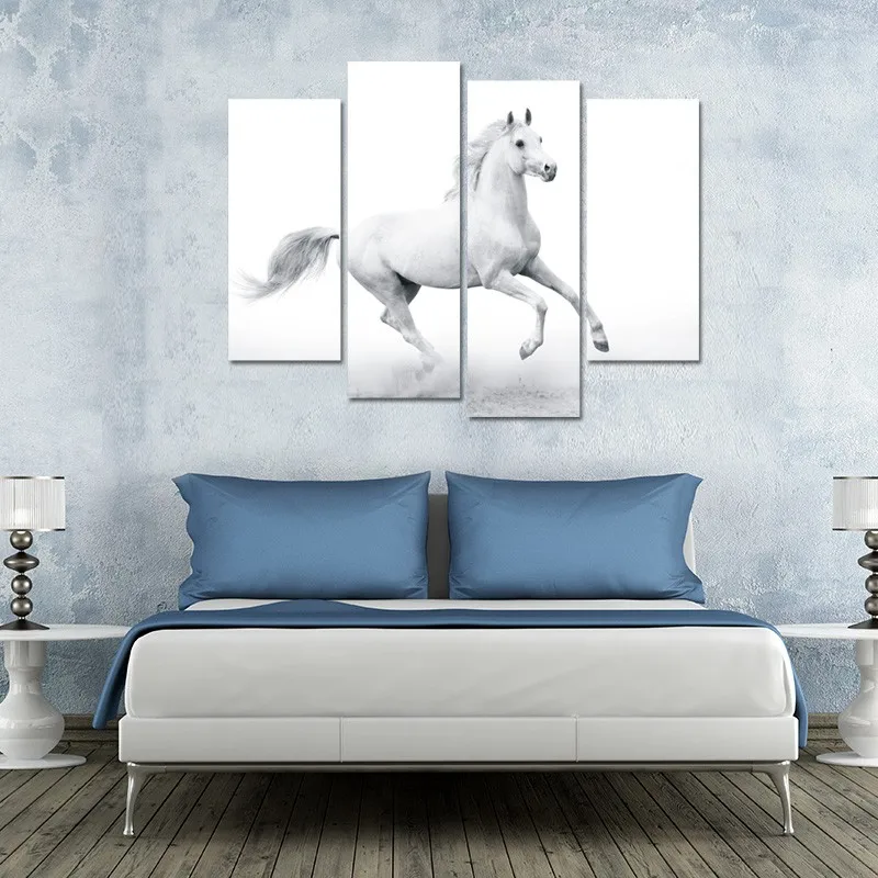 2017 4Pcs Animal Painting Strong White Horse Art HD Picture Modern Home Living Room Wall Decor Canvas Print Unframed | Дом и сад