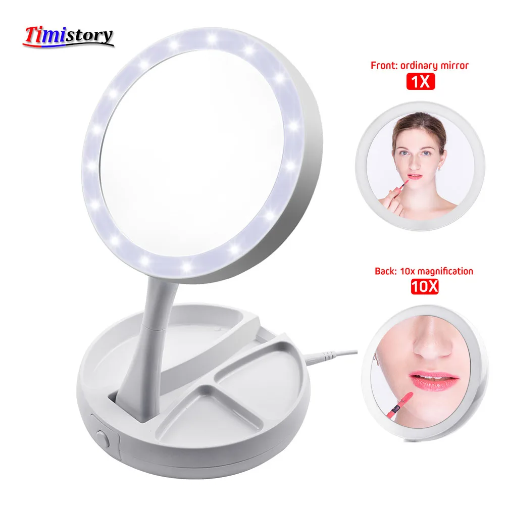 

LED Makeup Mirror Foldable Mirror Professional 10X Magnifying Mirrors Tri-fold Desktop mirrors Make Up Tool & Storage Box