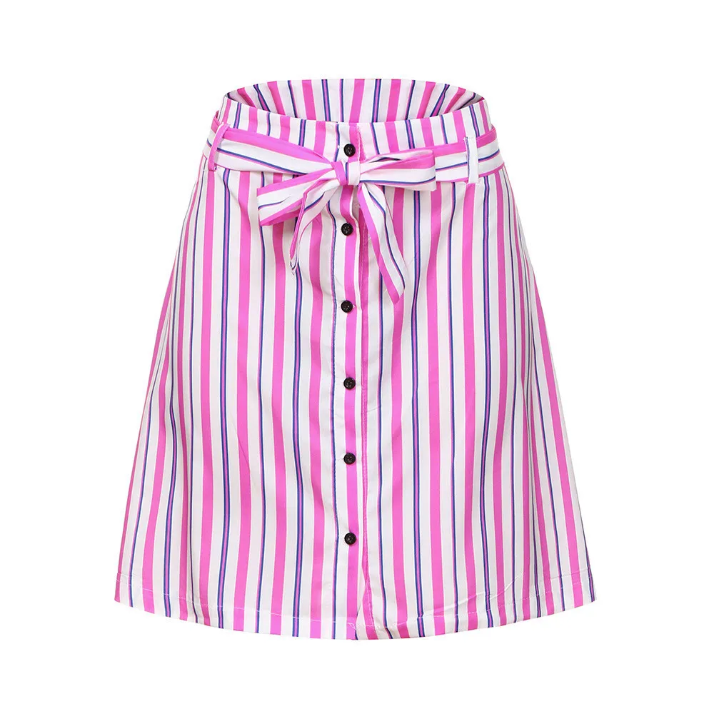 

Summer Skirts Women Wrap Solid Color Party Casual Mini Skirts Short Button Bandage High Waisted Striped beach Flared Skirt