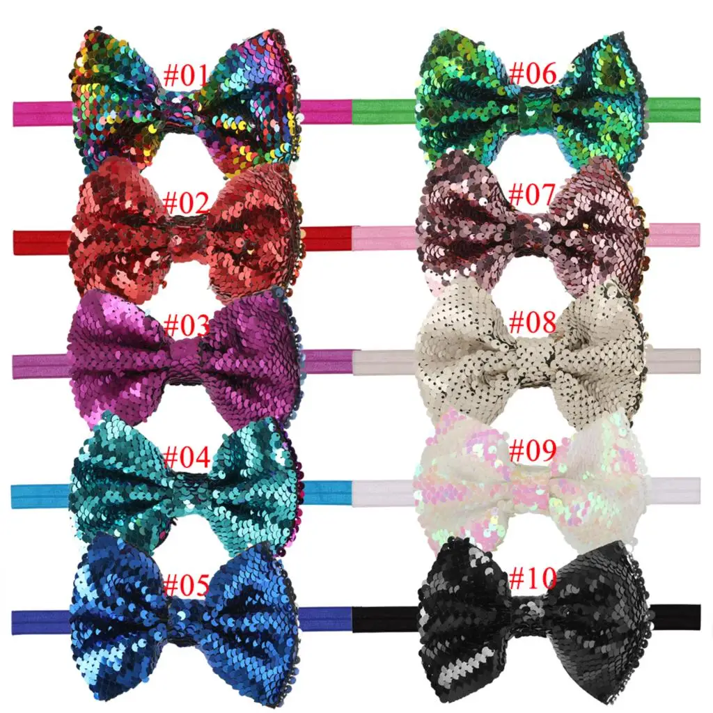 10pcs/set Big Reversible Sequins Mermaid Bows Headband Double-Side 5" Glitter Elastic Little Girls Hairbands Party Headwear