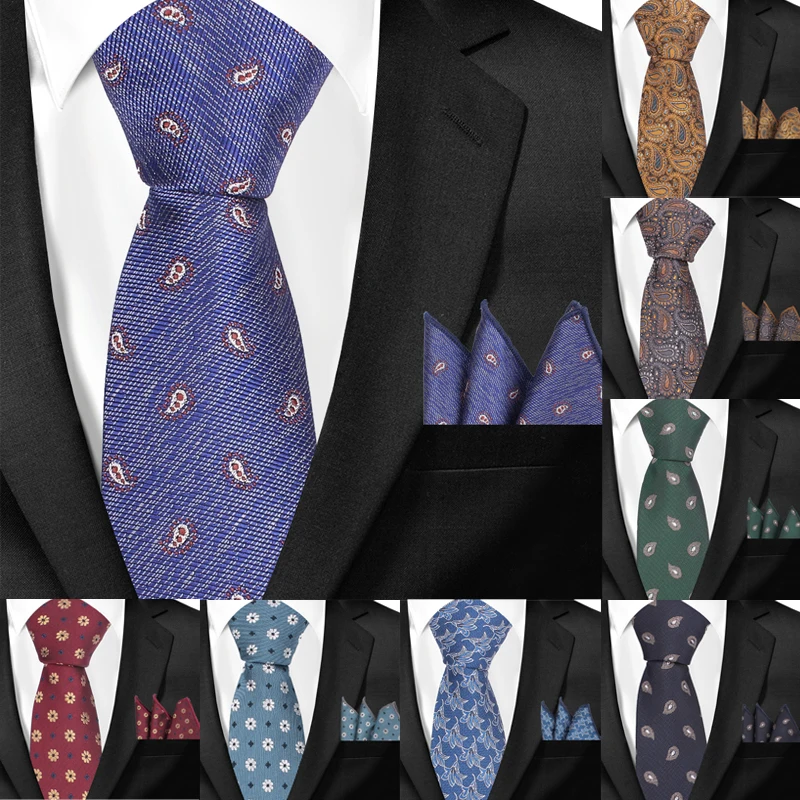 

Skinny Paisley Neckties and Pocket Square Sets For Men Jacquard Woven Classic Suits Ties Hanky Set Men Tie Slim Groom Neck Tie