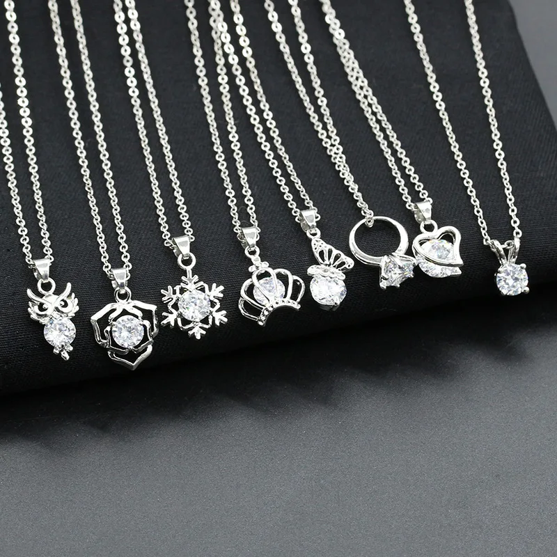 

Dangle Flower Snowflake Owl Heart Crown Butterfly Crystal Clear Rhinestone Women Fashion Silver Necklace 9 Kinds