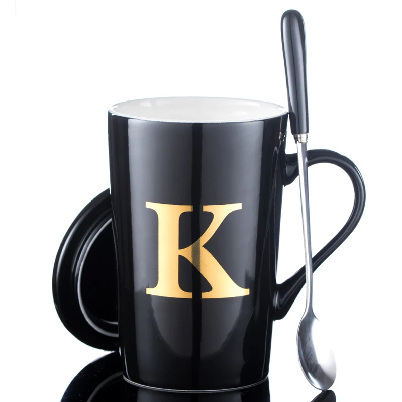 SPSCO 12 унций креативная керамическая кофейная кружка чайная чашка костяного фарфора с золотой росписью с крышкой и ложкой - Цвет: K-Black